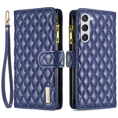 BINFEN COLOR for Samsung Galaxy S26+ BF Style-15 Leather Case Zipper Pocket Rhombus Phone Cover