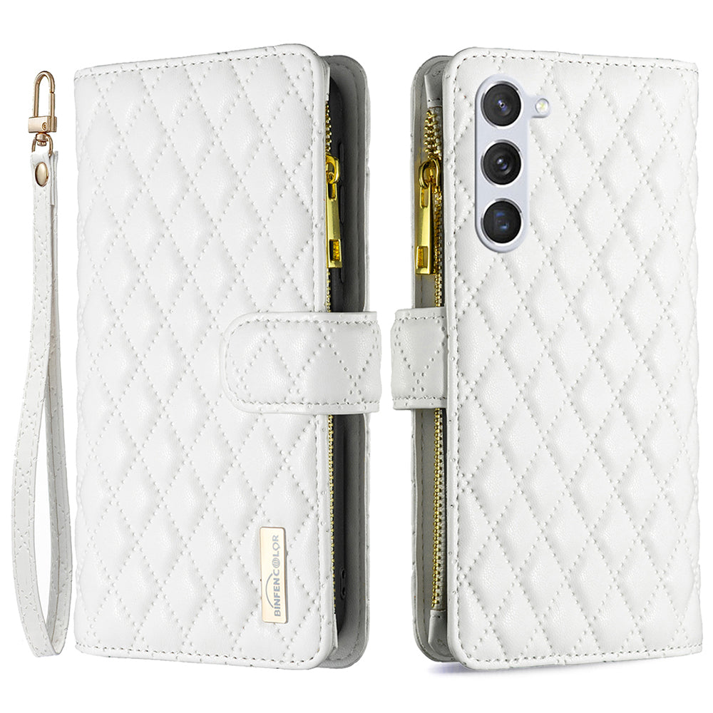 BINFEN COLOR for Samsung Galaxy S26+ BF Style-15 Leather Case Zipper Pocket Rhombus Phone Cover