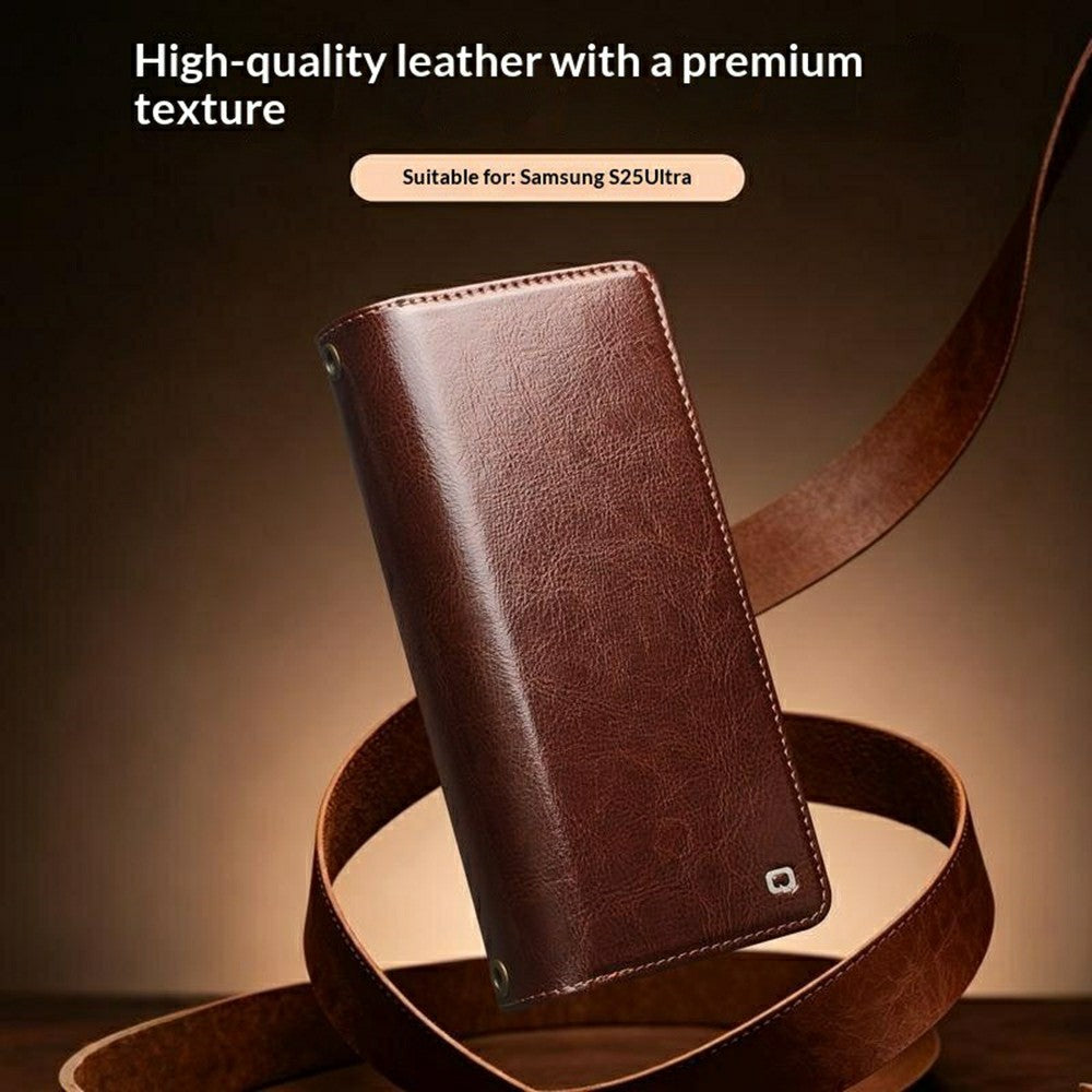 QIALINO for Samsung Galaxy S25 Ultra Case Split Leather Detachable 2 in 1 Wallet Phone Cover with Long Strap and Wrist Strap