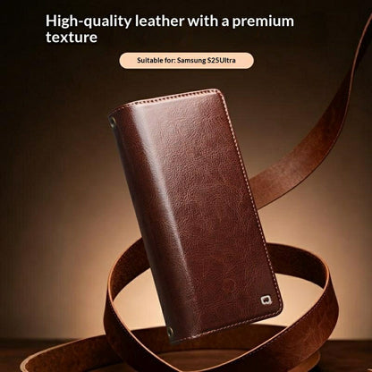 QIALINO for Samsung Galaxy S25 Ultra Case Split Leather Detachable 2 in 1 Wallet Phone Cover with Long Strap and Wrist Strap