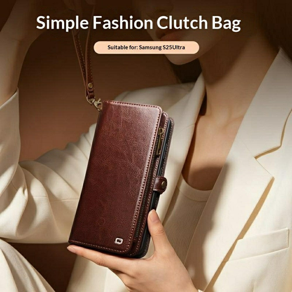 QIALINO for Samsung Galaxy S25 Ultra Case Split Leather Detachable 2 in 1 Wallet Phone Cover with Long Strap and Wrist Strap