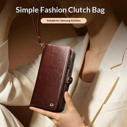 QIALINO for Samsung Galaxy S25 Ultra Case Split Leather Detachable 2 in 1 Wallet Phone Cover with Long Strap and Wrist Strap