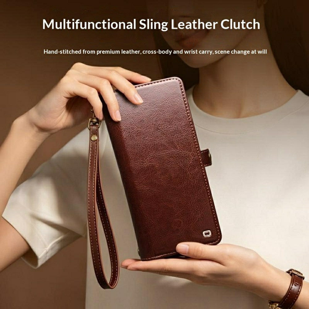 QIALINO for Samsung Galaxy S25 Ultra Case Split Leather Detachable 2 in 1 Wallet Phone Cover with Long Strap and Wrist Strap