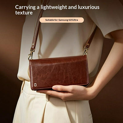 QIALINO for Samsung Galaxy S25 Ultra Case Split Leather Detachable 2 in 1 Wallet Phone Cover with Long Strap and Wrist Strap