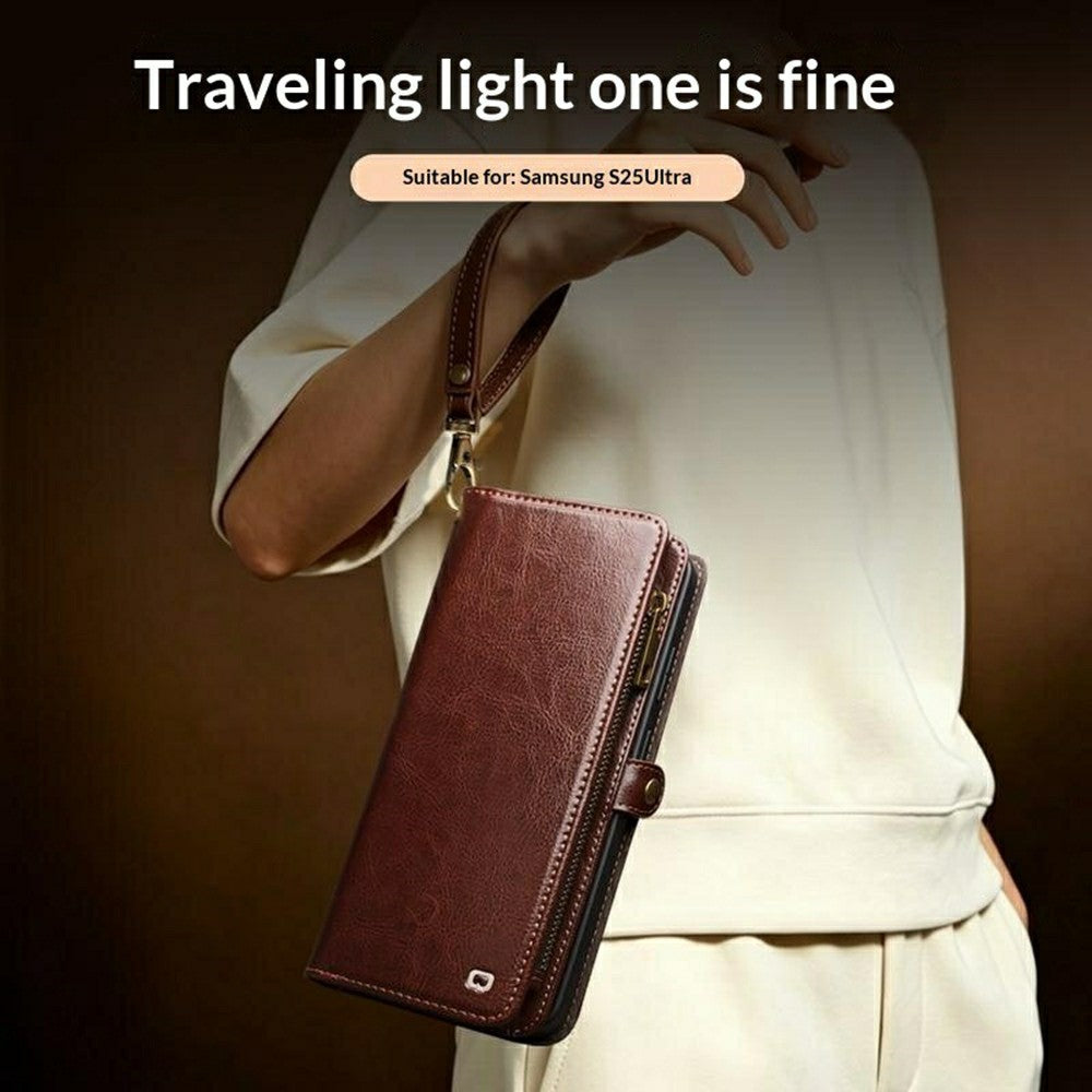 QIALINO for Samsung Galaxy S25 Ultra Case Split Leather Detachable 2 in 1 Wallet Phone Cover with Long Strap and Wrist Strap