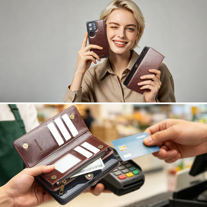 QIALINO for Samsung Galaxy S25 Ultra Case Split Leather Detachable 2 in 1 Wallet Phone Cover with Long Strap and Wrist Strap