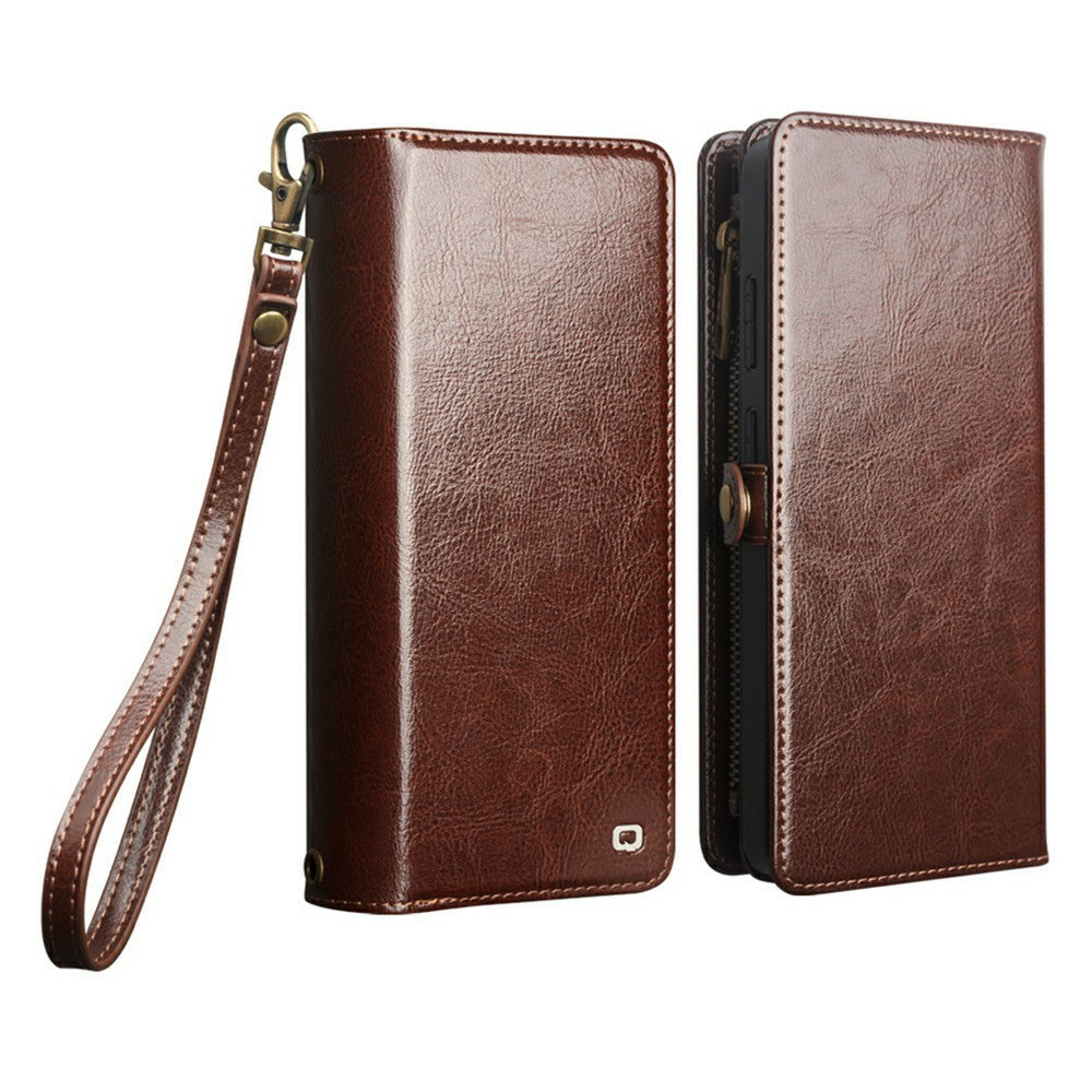QIALINO for Samsung Galaxy S25 Ultra Case Split Leather Detachable 2 in 1 Wallet Phone Cover with Long Strap and Wrist Strap