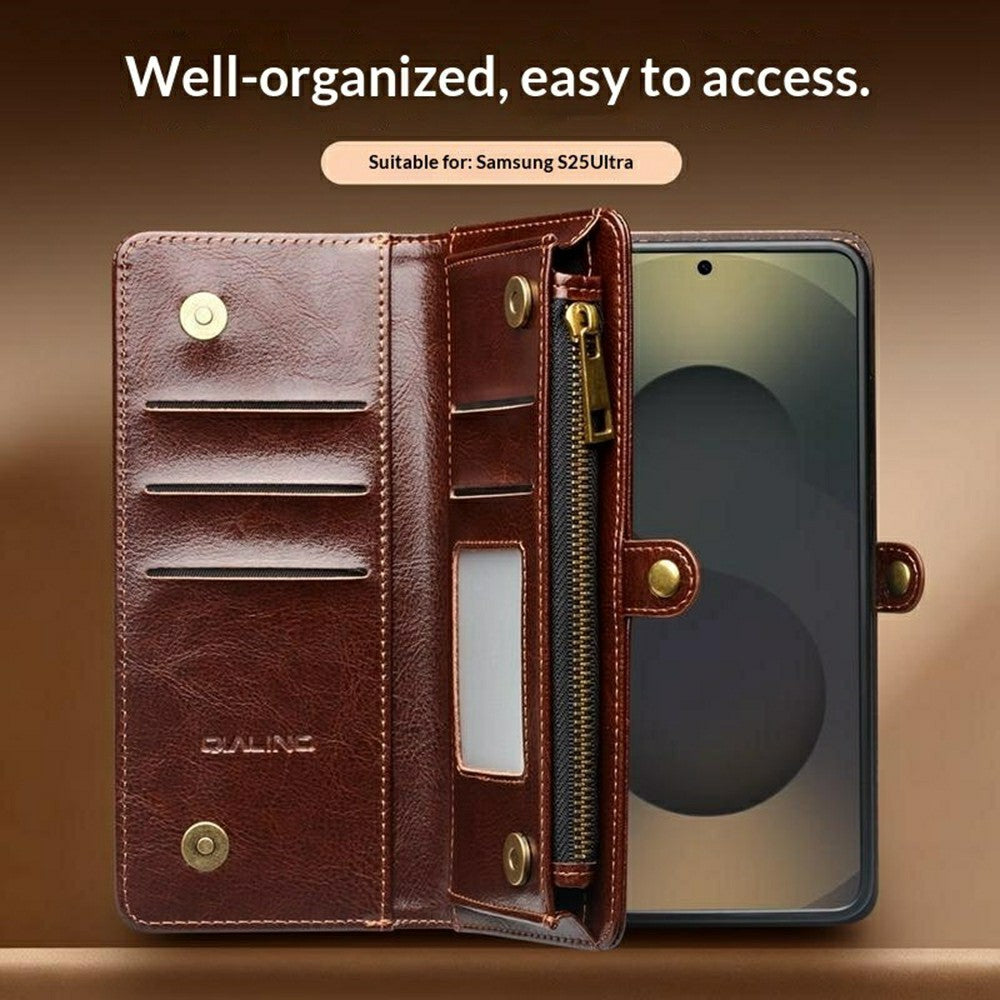 QIALINO for Samsung Galaxy S25 Ultra Case Split Leather Detachable 2 in 1 Wallet Phone Cover with Long Strap and Wrist Strap