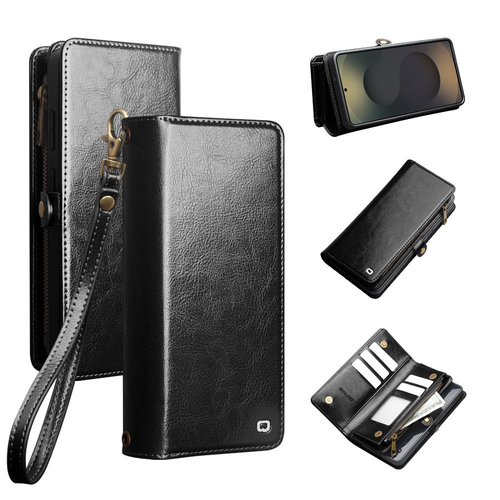 QIALINO for Samsung Galaxy S25 Ultra Case Split Leather Detachable 2 in 1 Wallet Phone Cover with Long Strap and Wrist Strap