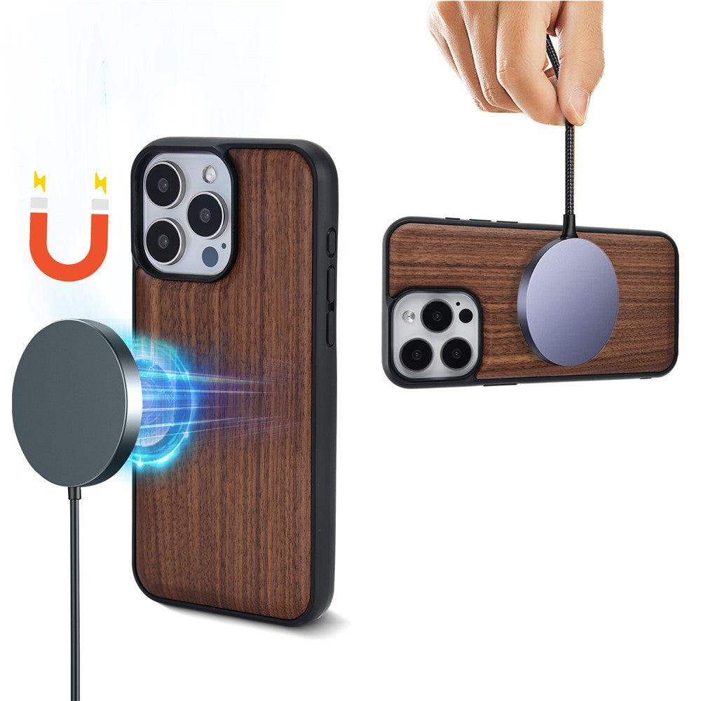 For iPhone 15 Pro Max Magnetic Case Wood + PC + TPU Shockproof Protective Phone Cover