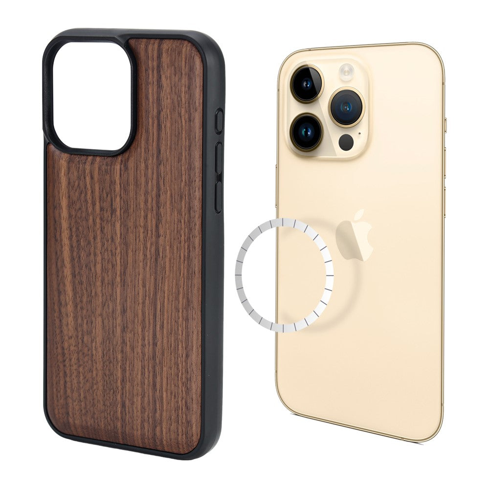 For iPhone 15 Pro Max Magnetic Case Wood + PC + TPU Shockproof Protective Phone Cover