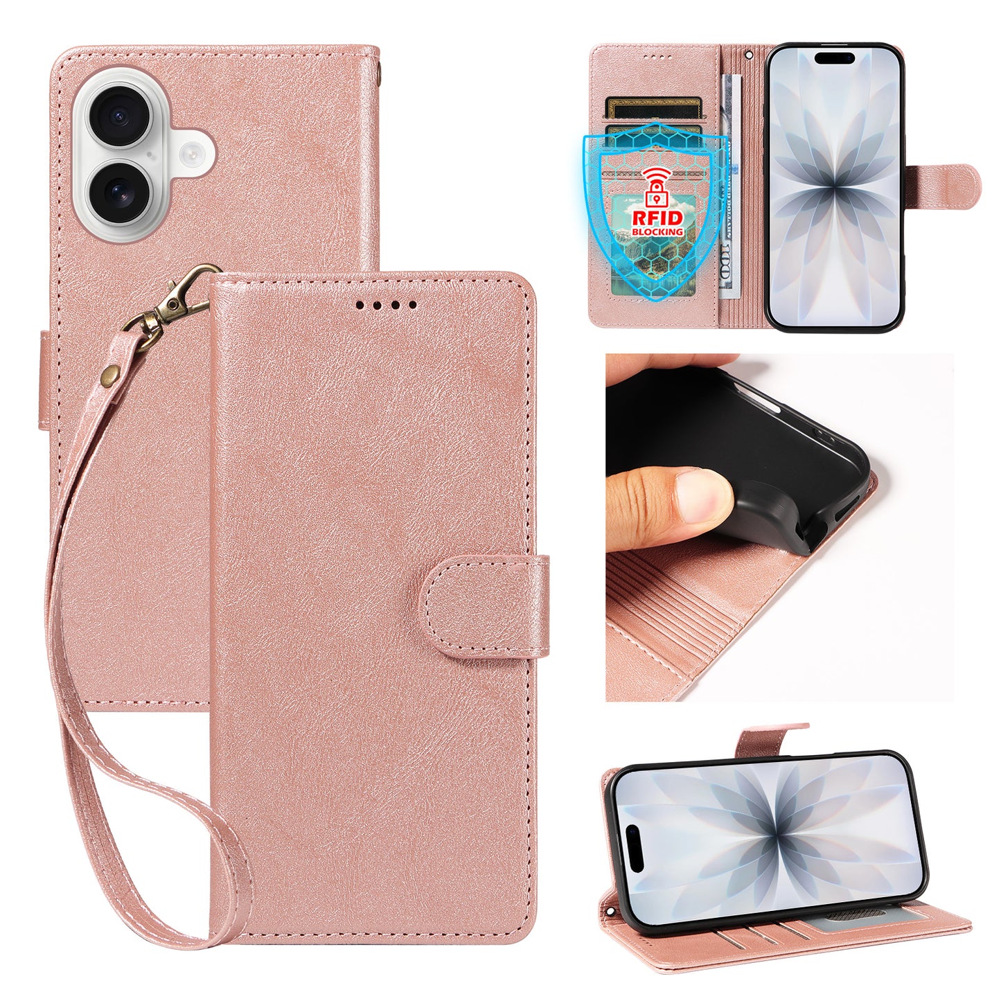 For iPhone 18 / iPhone 17 Case with Wrist Strap RFID Blocking Wallet Cowhide Texture Leather Phone Cover