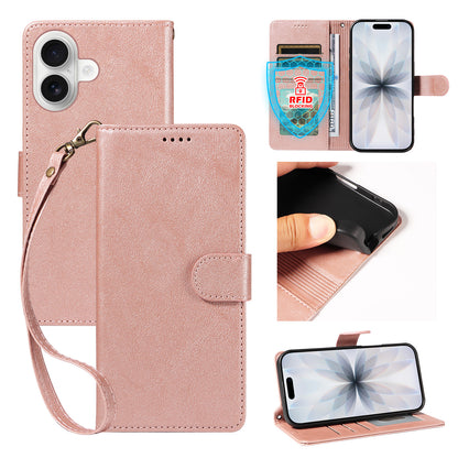 For iPhone 18 / iPhone 17 Case with Wrist Strap RFID Blocking Wallet Cowhide Texture Leather Phone Cover