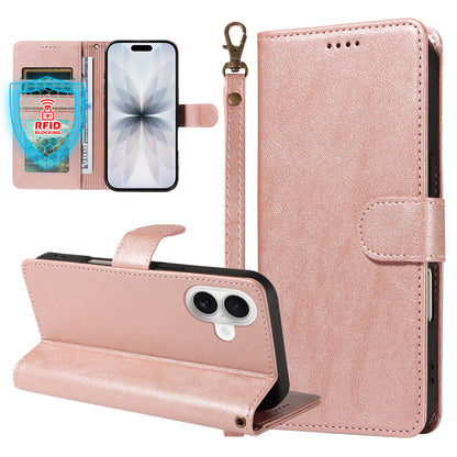 For iPhone 18 / iPhone 17 Case with Wrist Strap RFID Blocking Wallet Cowhide Texture Leather Phone Cover
