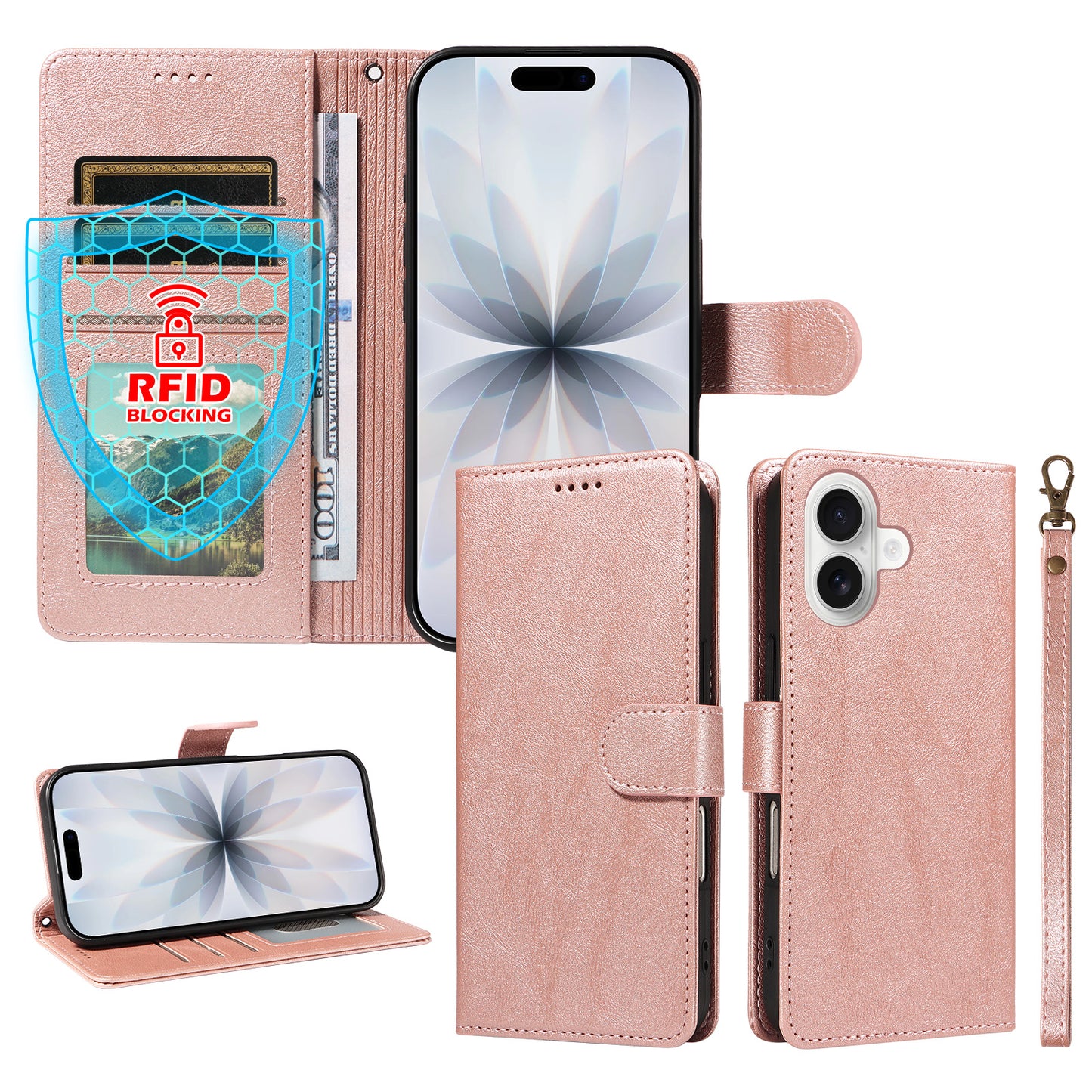 For iPhone 18 / iPhone 17 Case with Wrist Strap RFID Blocking Wallet Cowhide Texture Leather Phone Cover