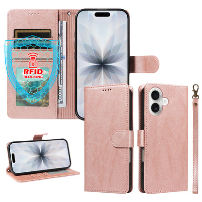 For iPhone 18 / iPhone 17 Case with Wrist Strap RFID Blocking Wallet Cowhide Texture Leather Phone Cover