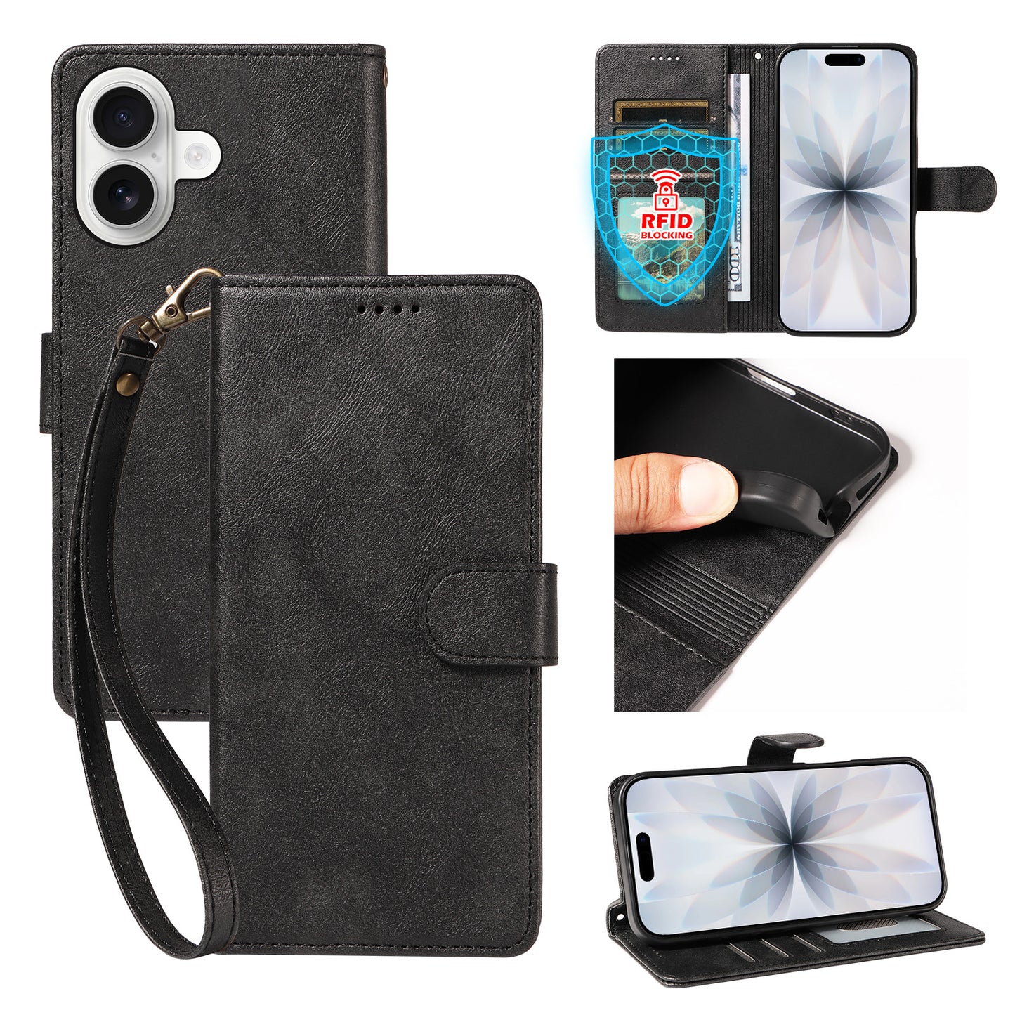 For iPhone 18 / iPhone 17 Case with Wrist Strap RFID Blocking Wallet Cowhide Texture Leather Phone Cover