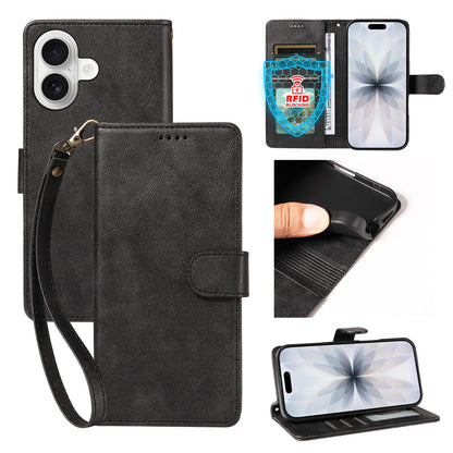 For iPhone 18 / iPhone 17 Case with Wrist Strap RFID Blocking Wallet Cowhide Texture Leather Phone Cover