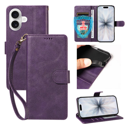 For iPhone 18 / iPhone 17 Case with Wrist Strap RFID Blocking Wallet Cowhide Texture Leather Phone Cover