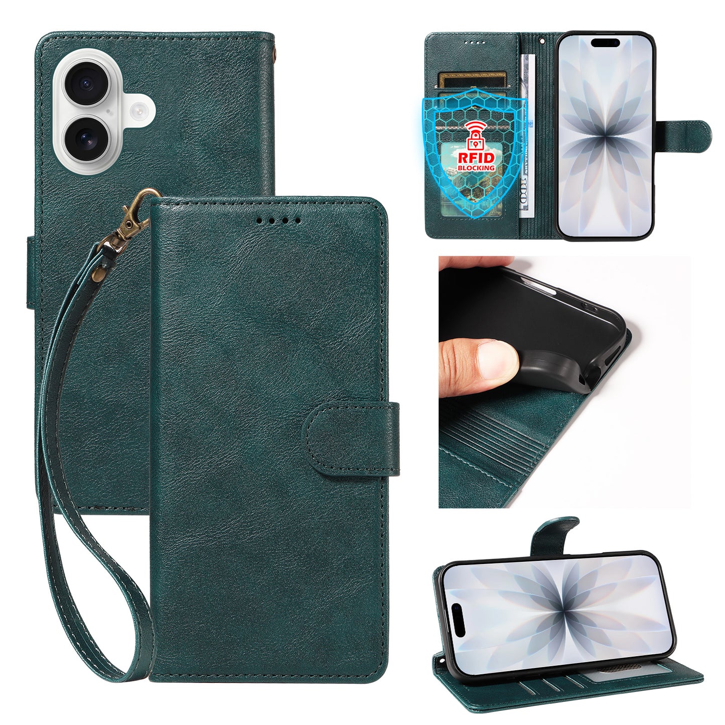 For iPhone 18 / iPhone 17 Case with Wrist Strap RFID Blocking Wallet Cowhide Texture Leather Phone Cover