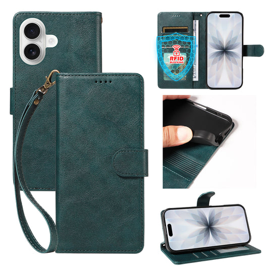 For iPhone 18 / iPhone 17 Case with Wrist Strap RFID Blocking Wallet Cowhide Texture Leather Phone Cover
