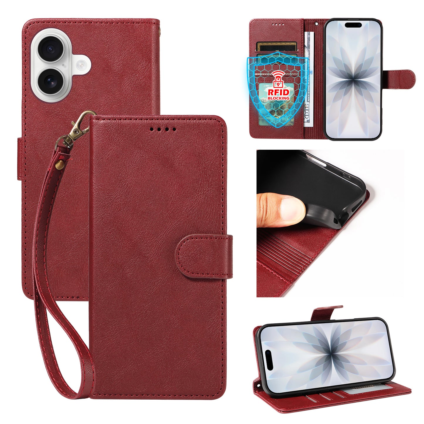 For iPhone 18 / iPhone 17 Case with Wrist Strap RFID Blocking Wallet Cowhide Texture Leather Phone Cover
