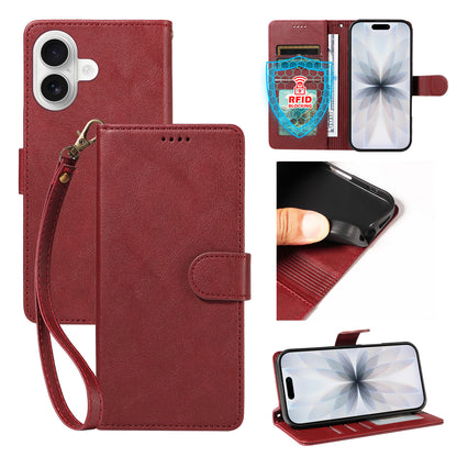 For iPhone 18 / iPhone 17 Case with Wrist Strap RFID Blocking Wallet Cowhide Texture Leather Phone Cover