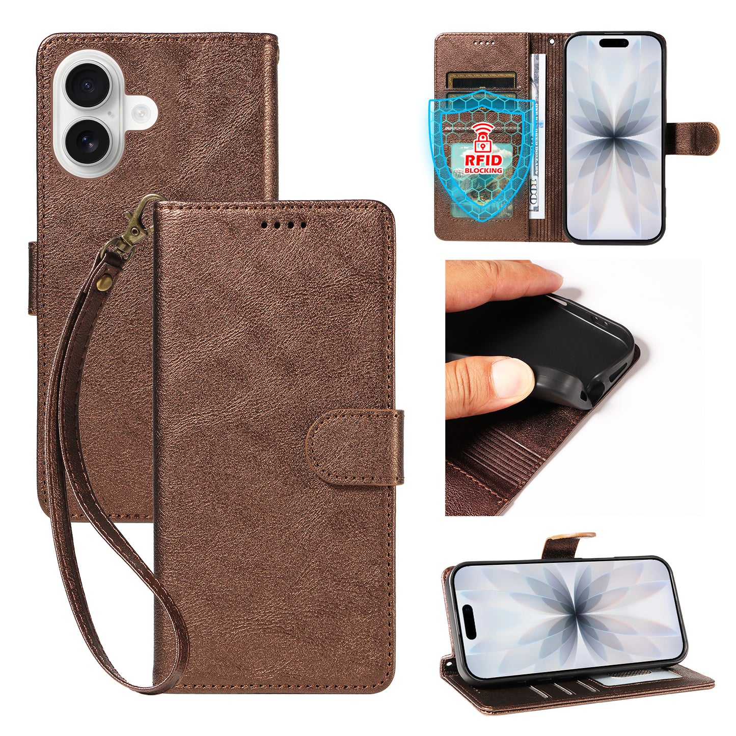 For iPhone 18 / iPhone 17 Case with Wrist Strap RFID Blocking Wallet Cowhide Texture Leather Phone Cover