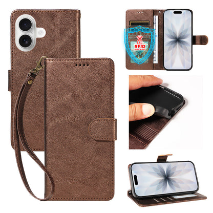 For iPhone 18 / iPhone 17 Case with Wrist Strap RFID Blocking Wallet Cowhide Texture Leather Phone Cover