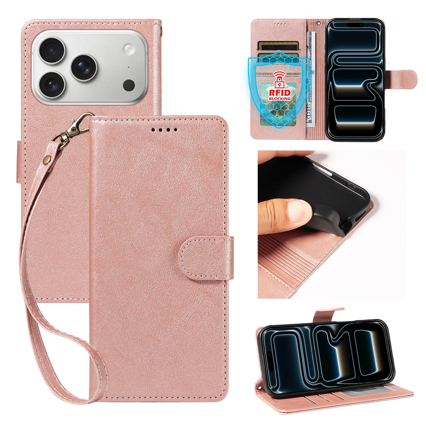 For iPhone 18 Pro / iPhone 17 Pro Case with Wrist Strap RFID Blocking Wallet Cowhide Texture Leather Phone Cover