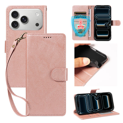 For iPhone 18 Pro / iPhone 17 Pro Case with Wrist Strap RFID Blocking Wallet Cowhide Texture Leather Phone Cover