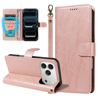 For iPhone 18 Pro / iPhone 17 Pro Case with Wrist Strap RFID Blocking Wallet Cowhide Texture Leather Phone Cover