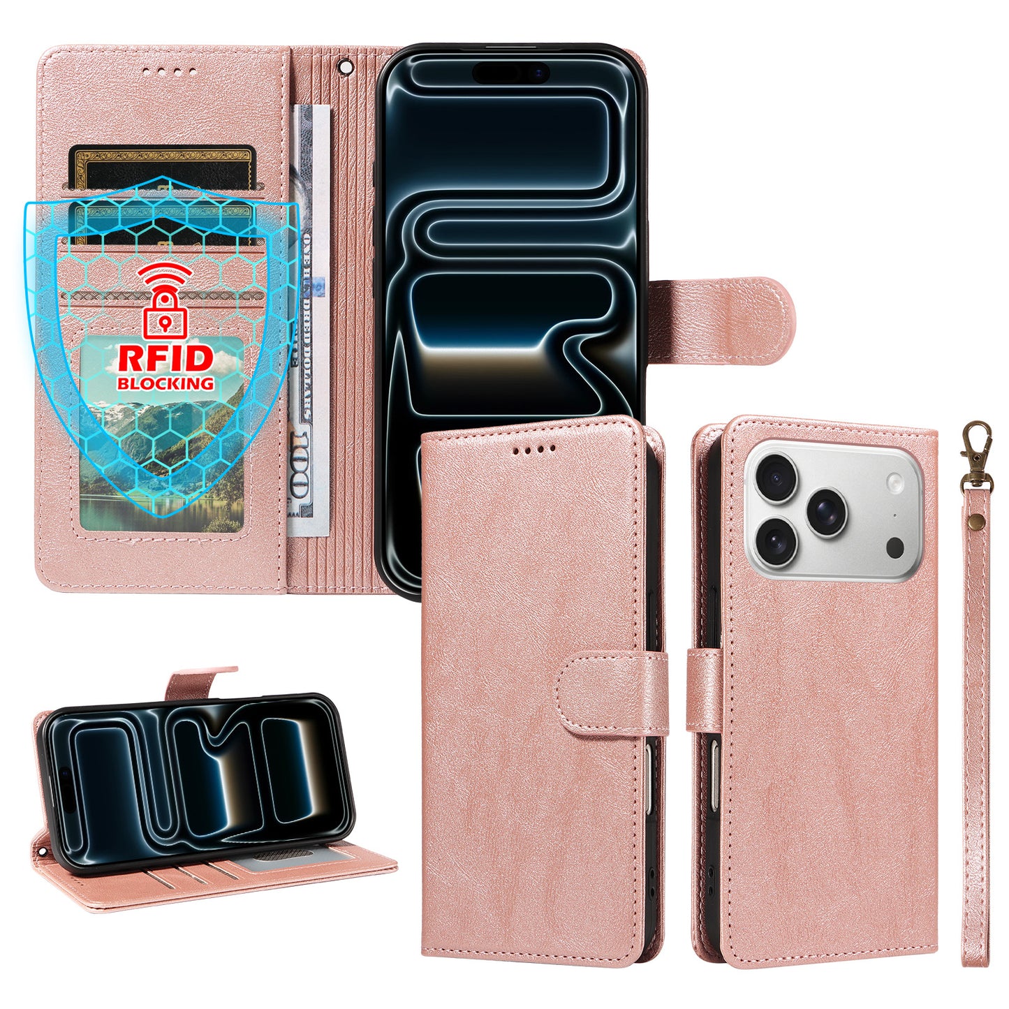 For iPhone 18 Pro / iPhone 17 Pro Case with Wrist Strap RFID Blocking Wallet Cowhide Texture Leather Phone Cover