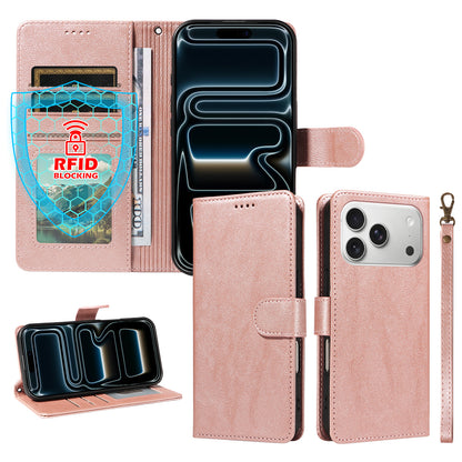 For iPhone 18 Pro / iPhone 17 Pro Case with Wrist Strap RFID Blocking Wallet Cowhide Texture Leather Phone Cover
