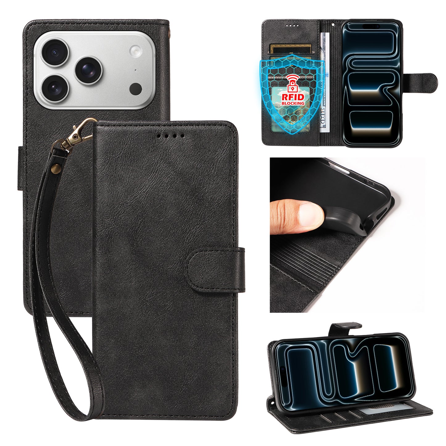 For iPhone 18 Pro / iPhone 17 Pro Case with Wrist Strap RFID Blocking Wallet Cowhide Texture Leather Phone Cover