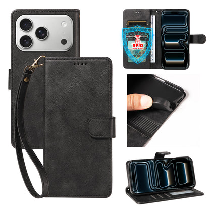 For iPhone 18 Pro / iPhone 17 Pro Case with Wrist Strap RFID Blocking Wallet Cowhide Texture Leather Phone Cover