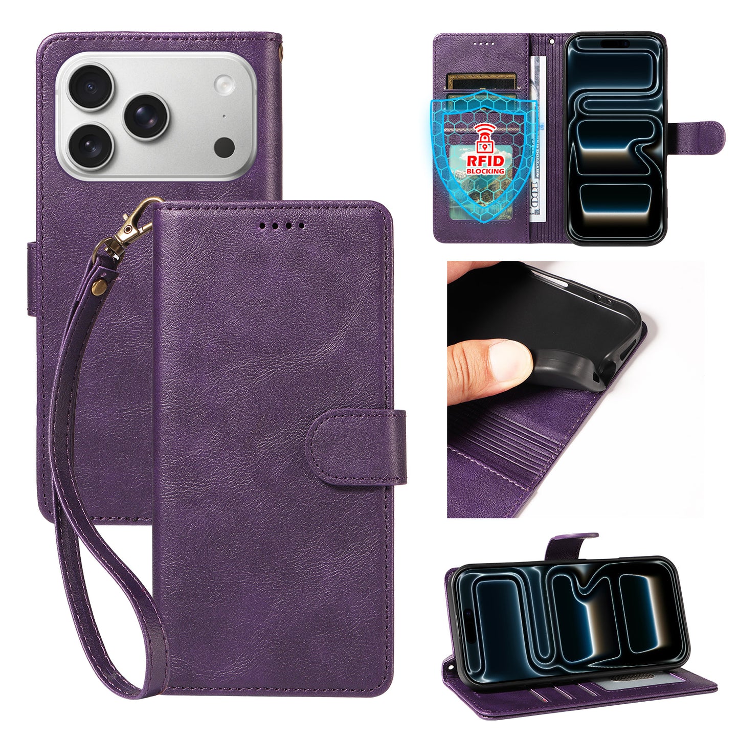 For iPhone 18 Pro / iPhone 17 Pro Case with Wrist Strap RFID Blocking Wallet Cowhide Texture Leather Phone Cover