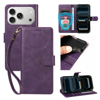 For iPhone 18 Pro / iPhone 17 Pro Case with Wrist Strap RFID Blocking Wallet Cowhide Texture Leather Phone Cover