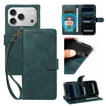 For iPhone 18 Pro / iPhone 17 Pro Case with Wrist Strap RFID Blocking Wallet Cowhide Texture Leather Phone Cover