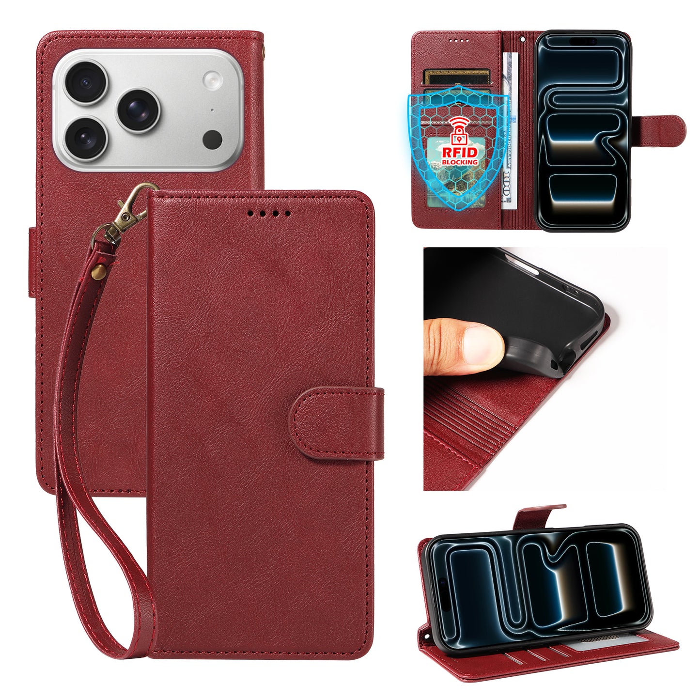 For iPhone 18 Pro / iPhone 17 Pro Case with Wrist Strap RFID Blocking Wallet Cowhide Texture Leather Phone Cover