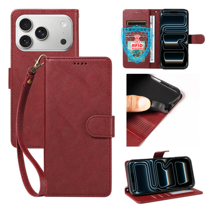 For iPhone 18 Pro / iPhone 17 Pro Case with Wrist Strap RFID Blocking Wallet Cowhide Texture Leather Phone Cover