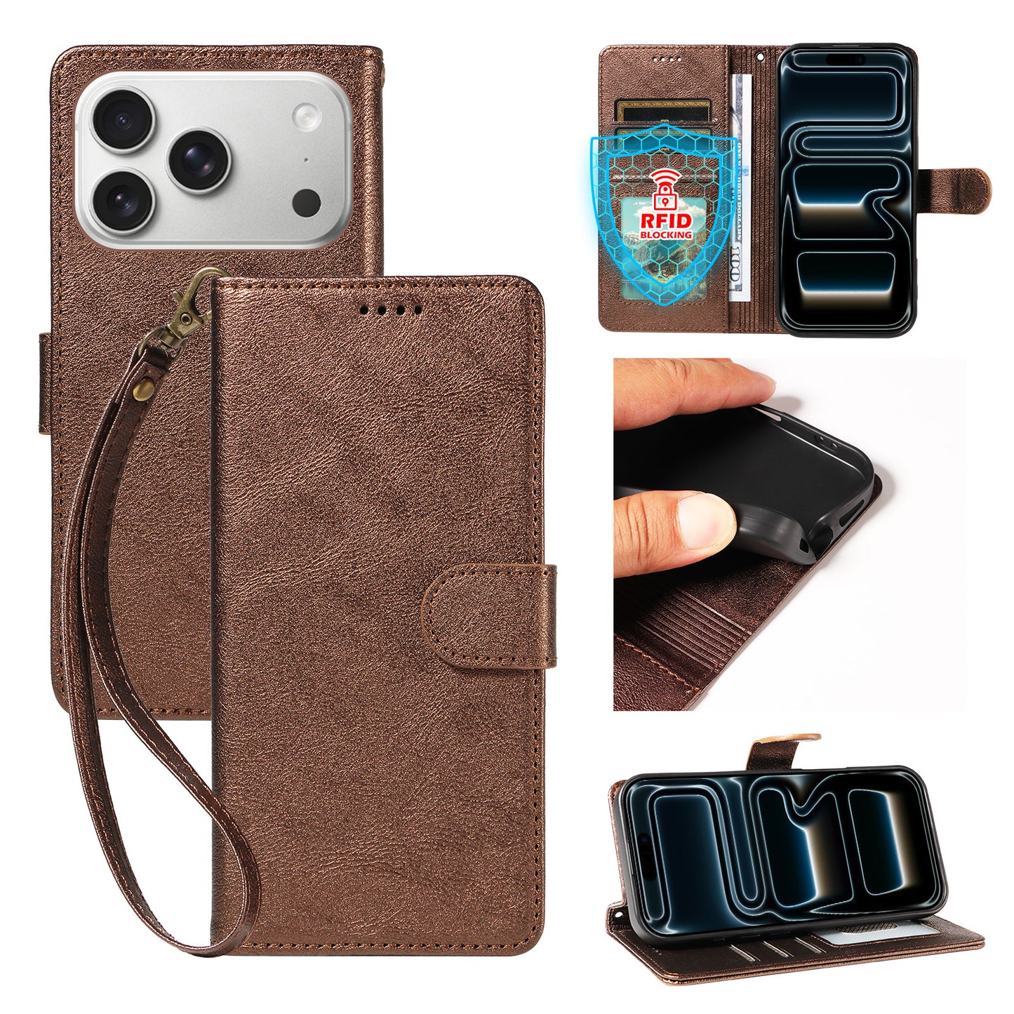 For iPhone 18 Pro / iPhone 17 Pro Case with Wrist Strap RFID Blocking Wallet Cowhide Texture Leather Phone Cover