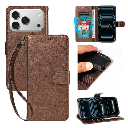 For iPhone 18 Pro / iPhone 17 Pro Case with Wrist Strap RFID Blocking Wallet Cowhide Texture Leather Phone Cover