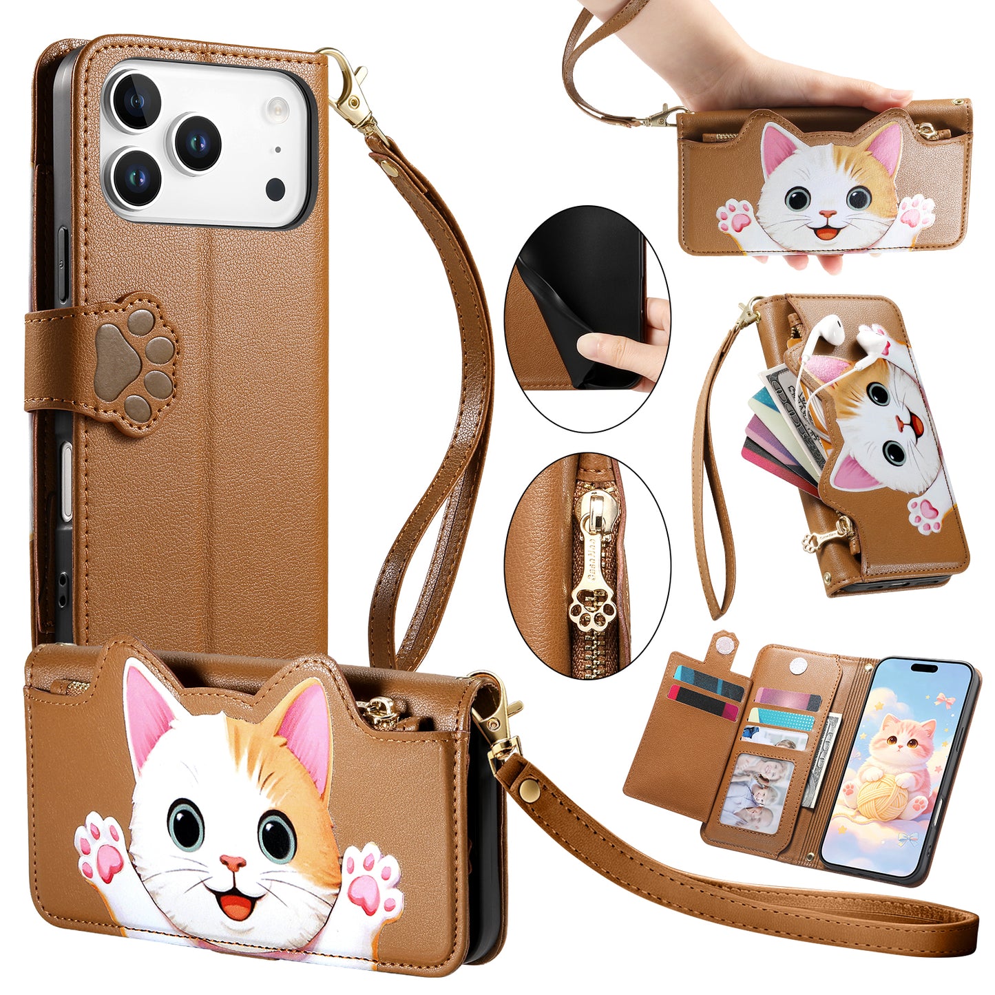 For iPhone 17 Pro Max Case Cute Cat Pattern PU Leather Wallet Phone Cover with Wrist Strap