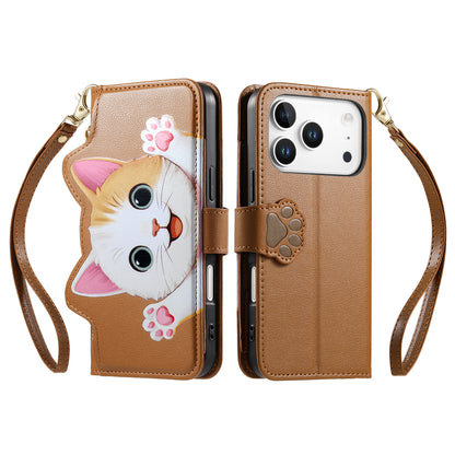For iPhone 17 Pro Max Case Cute Cat Pattern PU Leather Wallet Phone Cover with Wrist Strap