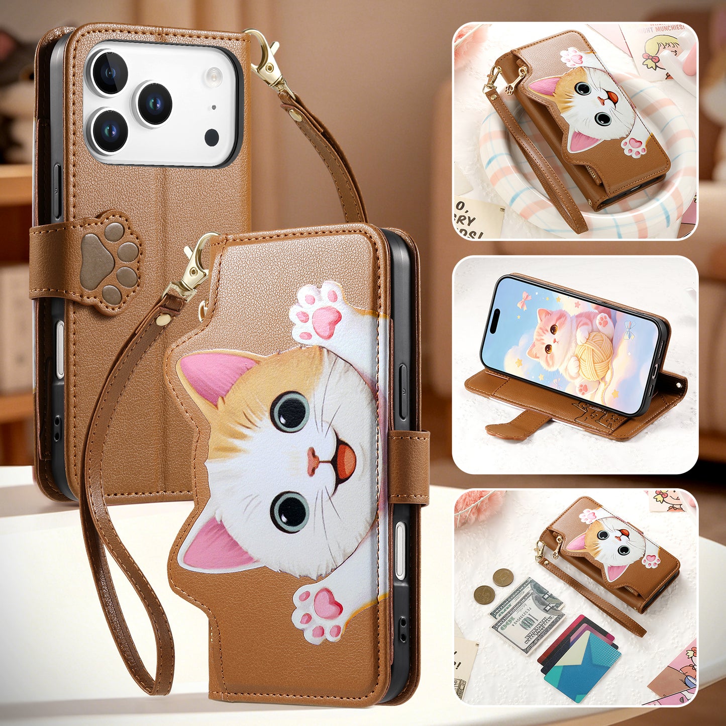 For iPhone 17 Pro Max Case Cute Cat Pattern PU Leather Wallet Phone Cover with Wrist Strap