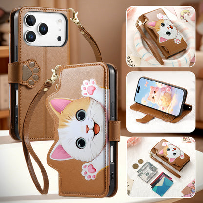 For iPhone 17 Pro Max Case Cute Cat Pattern PU Leather Wallet Phone Cover with Wrist Strap