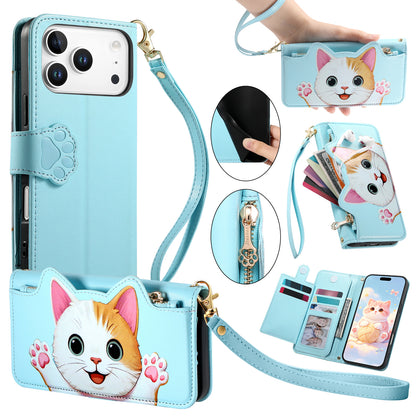 For iPhone 17 Pro Max Case Cute Cat Pattern PU Leather Wallet Phone Cover with Wrist Strap