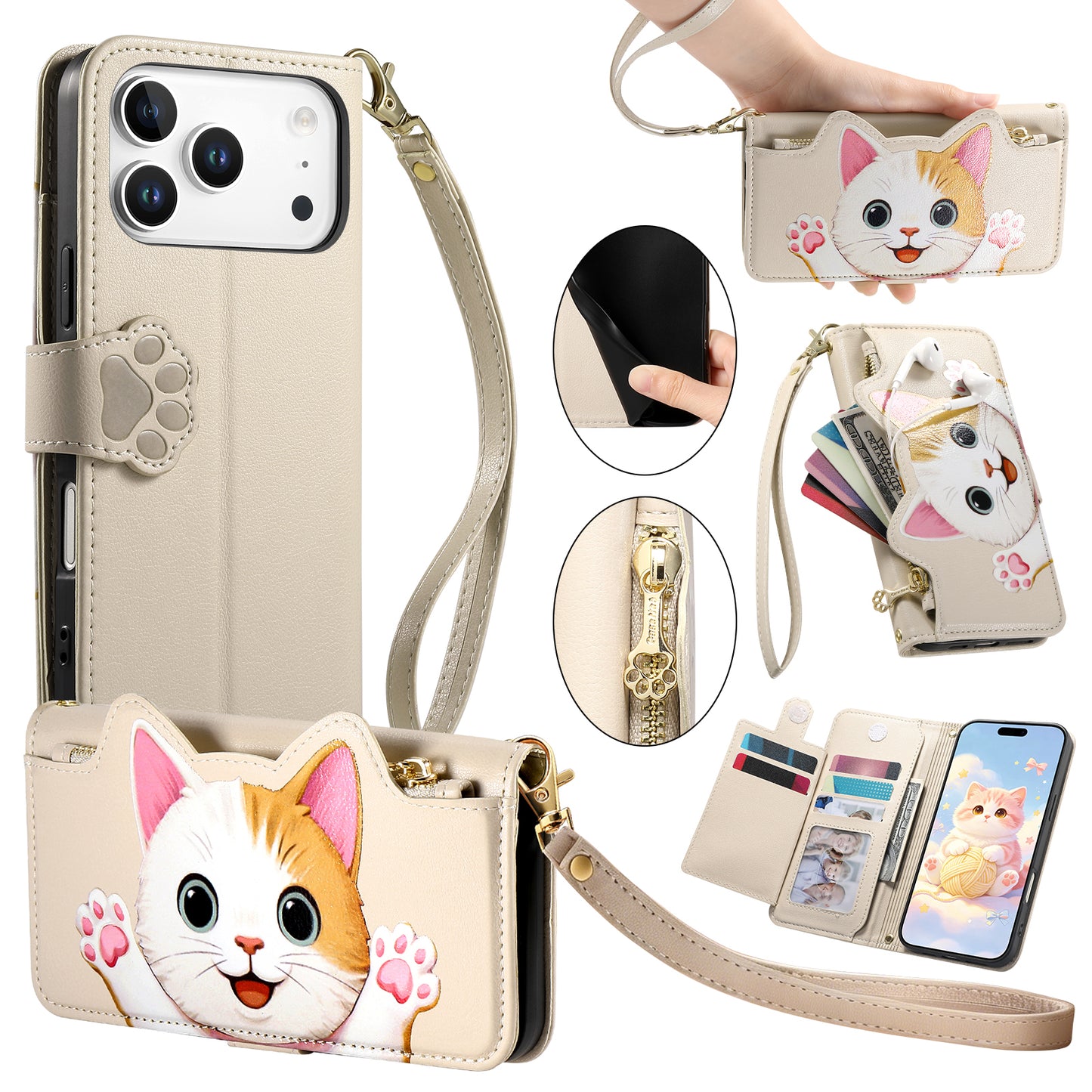 For iPhone 17 Pro Max Case Cute Cat Pattern PU Leather Wallet Phone Cover with Wrist Strap
