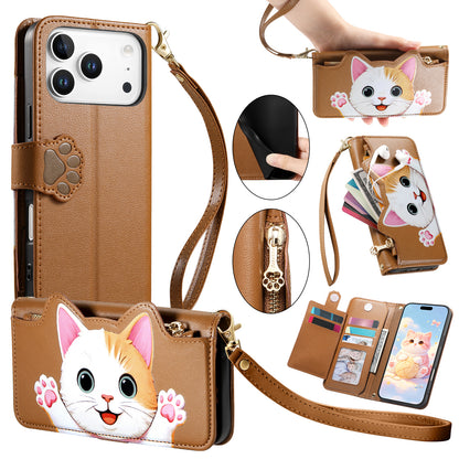 For iPhone 18 Pro / 17 Pro Case Cute Cat Pattern PU Leather Wallet Phone Cover with Wrist Strap